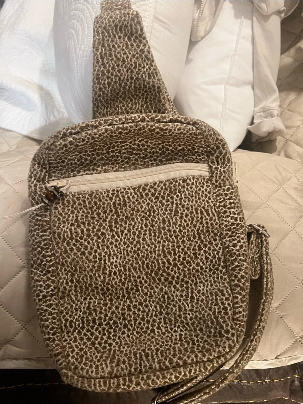 Neutral Woven Crossbody Bag - Taupe/Cream